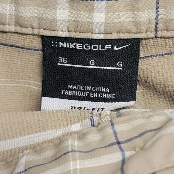 Nike Golf Shorts‎ Men's Size 36 Tan Beige Blue Plaid Dri-Fit Flat Front Pockets - Picture 2 of 9